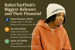 BabyChiefDoit’s biggest releases from 2023 to 2025 including Debut Mixtape, Zoo Life, and Rollin' EP with costs and revenue stats