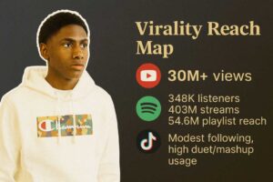 Bar-style infographic showing PGF Nuk’s digital platform reach across TikTok, YouTube, and Spotify with platform logos and key statistics