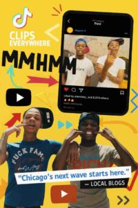 Digital collage of the DCG Brothers highlighting their viral song “Mmhmm,” with TikTok, Instagram, and YouTube visuals, motion arrows, and the quote “Chicago’s next wave starts here.