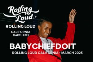 BabyChiefDoit performing at Rolling Loud California 2025 with a cheering crowd and vibrant stage lighting