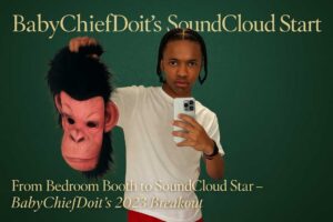 A stylish digital photograph of BabyChiefDoit holding a gorilla mask, standing in front of a plain mirror background. Text reads “From Bedroom Booth to SoundCloud Star – BabyChiefDoit’s 2023 Breakout” in classy, high-contrast font, reflecting his musical beginnings on SoundCloud.