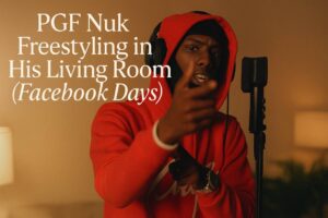 PGF Nuk wearing a red hoodie and headphones while freestyling in a studio setting, with text overlay referencing his early Facebook freestyle days
