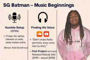 Infographic of SG Batman’s music beginnings featuring his humble recording setup, early SoundCloud and YouTube uploads with themes of loyalty and survival, and first projects Nobody Safe (2019) and Nobody Safe II (2020), praised by Lyrical Lemonade