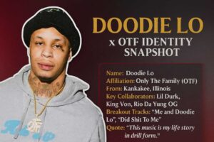 A digital graphic introducing rapper Doodie Lo, featuring his profile image on the left with a white outline and OTF branding. On the right, a stat card displays key information like name, affiliation, origin, breakout tracks, and a quote. The background uses a dark red and gray gradient with gold-accented title text