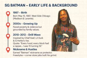 SG Batman early life infographic featuring a 4-point timeline with milestones from birth, childhood, drill wave inspiration, and nickname hustles