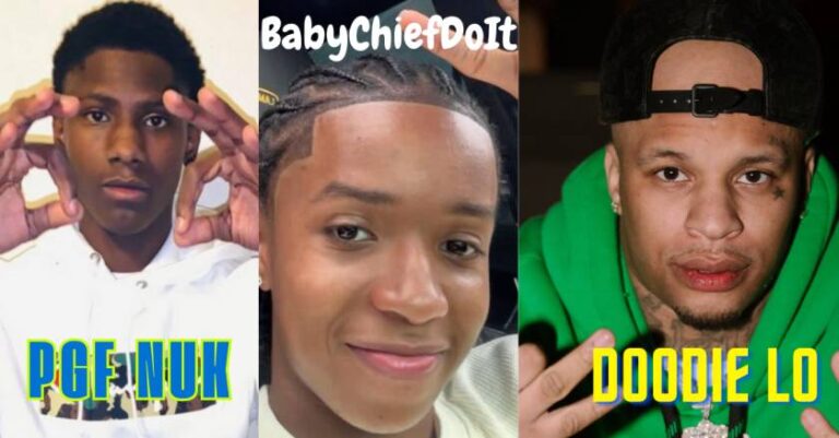 Side-by-side photo collage featuring PGF Nuk on the left in a white hoodie making a hand gesture, BabyChiefDoit in the center smiling with cornrow braids, and Doodie Lo on the right in a green hoodie and black cap posing with his fingers up