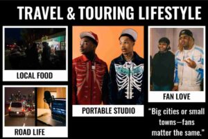 Two members of DCG Brothers standing indoors, one wearing a cream and blue jacket with a cap, and the other in a black hoodie with white floral prints and a cap, striking casual poses in front of a purple and red wall