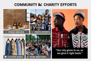 Collage featuring the DCG Brothers with visuals of community work such as food drives, youth team support, clothing banks, and park meetups, with a bottom quote reading “Our city gives to us, so we give it right back