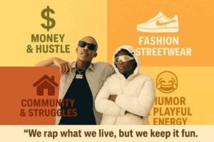 A 1075x716 digital grid featuring the DCG Brothers in the center, surrounded by four illustrated blocks: 💵 Money & Hustle, 👟 Fashion & Streetwear, 🏚️ Community & Struggles, 😂 Humor & Playful Energy. A bottom overlay reads, “We rap what we live, but we keep it fun