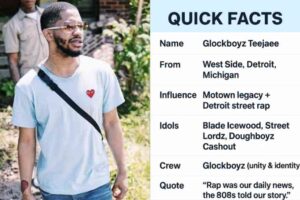 An infographic titled “QUICK FACTS” with Glockboyz Teejaee’s photo on the left and a fact table on the right. Teejaee is wearing a light blue t-shirt with a red heart logo, gold-rimmed glasses, and a black strap across his chest, standing outdoors. The fact table includes: Name: Glockboyz Teejaee From: West Side, Detroit, Michigan Influence: Motown legacy + Detroit street rap Idols: Blade Icewood, Street Lordz, Doughboyz Cashout Crew: Glockboyz (unity & identity) Quote: “Rap was our daily news, the 808s told our story.”