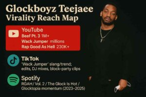 An infographic featuring rapper Glockboyz Teejaee standing in an all-black outfit with a gold chain, alongside a "Virality Reach Map." The graphic shows YouTube stats for “Beef Pt. 3” (1M+ views), “Wack Jumper” (millions of views), and “Rap Good As Hell” (230K+ views); TikTok trends for “Wack Jumper” slang, edits, DJ mixes, and block-party clips; and Spotify momentum for RGAH, Vol. 2, The Glock Is Hot, and Glocktopia (2023–2025)