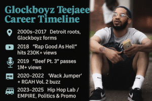 Graphic timeline of Detroit rapper Glockboyz Teejaee’s career milestones with a dark left panel showing key achievements and icons, and the right panel featuring his real photo sitting with cash, wearing glasses and Nike socks