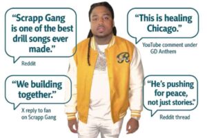 Digital graphic of rapper JHE Rooga centered with four cloud-style quotes from fans and community, emphasizing his impact through songs like “Scrapp Gang” and “GD Anthem.