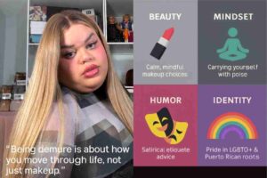 A digital graphic design featuring Jools Lebron on the left, seated with long straight blonde hair and glam makeup, against shelves of dolls and books. On the right, a four-block grid explains her “Demure” philosophy: Beauty (lipstick icon, calm mindful makeup choices), Mindset (meditation icon, carrying yourself with poise), Humor (theater mask icon, satirical etiquette advice), and Identity (rainbow icon, pride in LGBTQ+ and Puerto Rican roots). At the bottom left, a quote reads: “Being demure is about how you move through life, not just makeup.