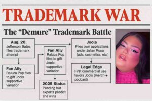 Flowchart infographic titled 'Trademark War' that visualizes the legal battle over the 'Demure' trademark involving Jools Lebron, Jeffe