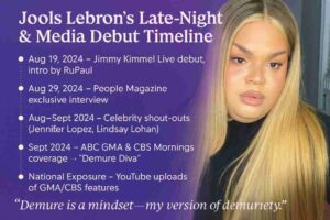 Timeline infographic of Jools Lebron’s media milestones, featuring her Aug 2024 Jimmy Kimmel Live debut, People Magazine interview, celebrity shout-outs from Jennifer Lopez and Lindsay Lohan, ABC GMA and CBS Mornings coverage, and national exposure through YouTube uploads