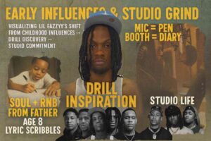 A digital collage showcasing Lil Eazzyy’s evolution: childhood lyric scribbles influenced by his father’s soul and RnB, drill inspirations from Chicago rappers, and studio life with mic and diary themes. Central portrait of Lil Eazzyy connects all stages against a muted Chicago map background with bold yellow and white text.