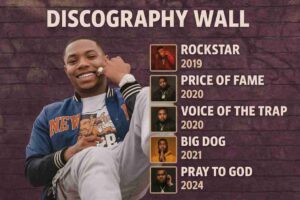 A discography wall graphic featuring rapper Lil Migo. On the left, Lil Migo poses in a varsity jacket, smiling with a watch on his wrist. On the right, album covers are shown in beige frames with titles and years: Rockstar (2019), Price of Fame (2020), Voice of the Trap (2020), Big Dog (2021), and Pray to God (2024)