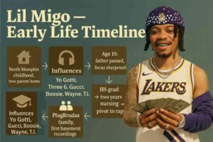 A graphic timeline showing Lil Migo’s early life, from growing up in North Memphis with two parents, musical influences like Yo Gotti and Three 6 Mafia, his father’s passing at age 15, two years in nursing school before pivoting to rap, and forming PlugBrudaz with family