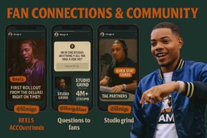 A graphic styled as a social media community board for Lil Migo, featuring his photo on the right and mockups of phone screens with callouts for Instagram handles, Reels rollouts, fan Q&As, studio grind clips, quick stat cards, tagged partners, and clear call-to-action posts