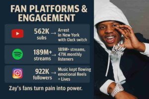 Infographic of Lil Zay Osama sitting in a hoodie and jacket, showcasing a four-block grid with logos and stats of his fan engagement across YouTube, Spotify, Instagram, and TikTok, with the caption “Zay’s fans turn pain into power.”