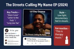Infographic for Lil Zay Osama’s EP The Streets Calling My Name (2024), featuring his album cover in the center, key tracks “Ones I Love,” “Letter to the Feds,” and “Long Live Tae,” a note on the low-light documentary visual style, a Reddit quote calling it “therapy music,” and fan engagement from TikTok and YouTube comments.