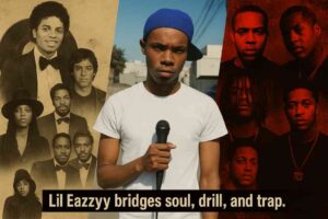 Digital collage poster of Lil Eazzyy at the center holding a mic, left side featuring old-school icons with a retro vinyl theme, and right side showing Chicago drill pioneers in gritty black-and-red tones