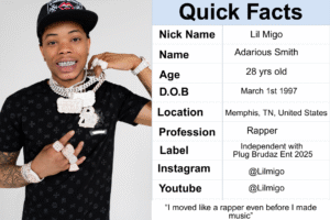 A Lil Migo biography infographic with his portrait on the left and a "Quick Facts" table on the right. It lists: Nick Name: Lil Migo, Name: Adarious Smith, Age: 28 yrs old, D.O.B: March 1st 1997, Location: Memphis, TN, United States, Profession: Rapper, Label: Independent with Plug Brudaz Ent 2025, Instagram: @Lilmigo, Youtube: @Lilmigo. At the bottom, a quote reads, “I moved like a rapper even before I made music.