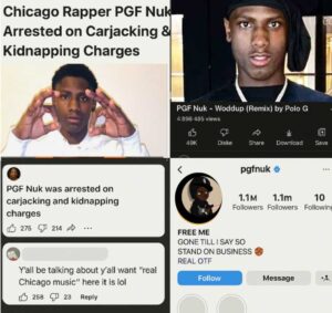 A collage featuring PGF Nuk’s arrest headline, social media reactions, YouTube screenshot of his music video “Waddup (Remix)”, and his Instagram bio stating “FREE ME.