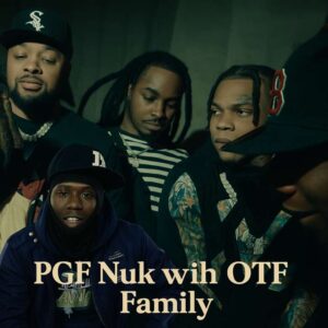 A digital photograph captures five African American rappers including PGF Nuk, seen among the OTF (Only The Family) collective during a dimly lit video shoot
