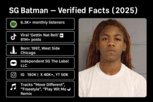 Infographic of SG Batman in white t-shirt with career facts: 6,300+ Spotify listeners, TikTok hit ‘Gettin Nat Belt’ with 81M+ posts, born 1997 in West Side Chicago, nickname from loyalty, independent under SG The Label LLC, 2025 Midwest tour, 180K Instagram followers, 40K+ Twitter, 50K YouTube, key tracks ‘Move Different,’ ‘Freestyle,’ ‘Play Wit Me Remix,’ and debut album expected late 2025/early 2026