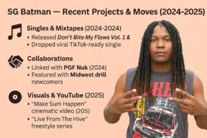 Infographic showing SG Batman’s 2024–2025 timeline with sections for singles and mixtapes, collaborations, YouTube visuals, live shows, and album progress, alongside a larger photo of SG Batman