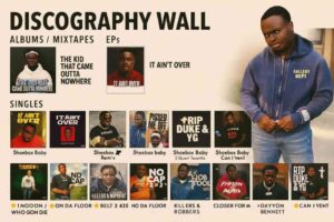 A beige-toned infographic titled “Discography Wall Albums / EPs / Singles.” Left: cover art for The Kid That Came Outta Nowhere (album/mixtape) and It Ain’t Over (EP). Below: a singles row including 4KTroll, Who Gon Die, Pissed Me Off (Remix), Head 2 Toes, No Cap Pt. 1 & 2, On Da Floor, Killers & Robbers, Belt 2 Ass, Finessin & Rappin, Closer For Me, Evil Ass Song, Hood Surfing, Don’t Get Scared Now, Dayvon Bennett, My Trenches, Can I Vent, and RIP Duke & YG. Some singles marked with star icons for fan favorites, and tributes shown with a glow. Right: Shoebox Baby’s portrait wearing a navy blue Gallery Dept. hoodie and jeans, standing outdoors.