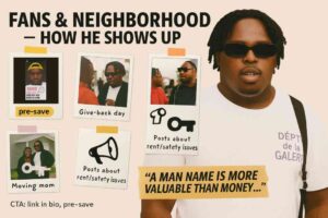 A beige, collage-style graphic. Left/middle: five Polaroid cards—1) IG Live challenge “1,000 comments and I’ll drop it” with a pre-save sticker; 2) Give-back day photo; 3) Post about rent/safety issues with a megaphone icon; 4) Moving mom milestone with a house-key icon; 5) Another rent/safety card with key and building icons. Bottom center: a yellow ribbon reading “A MAN NAME IS MORE VALUABLE THAN MONEY…”. Right: portrait of Shoebox Baby wearing sunglasses and a white “DÉPT de la GALERIE” tee, looking toward camera. Footer text shows CTA: “link in bio, pre-save.”