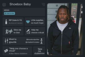 Dark Instagram-style dashboard. Left: grid cards—“MOGA” with Link in bio; tribute “RIP Duke & YG” (#LONGLIVETHEKING); give-back note “little supplies, so much hope”; WWE/RKO fan moment; faith caption; “Help me choose a visual” poll; credits “Mixed by @teo10k, Prod by @1icyboiii”; team tags @shoeboxbetter, @chubbsfrmdao; club caption tile. Right: photo of Shoebox Baby standing by apartment mailboxes, black zip hoodie over white tee, shoulder-length blond-tipped locs, neutral expression