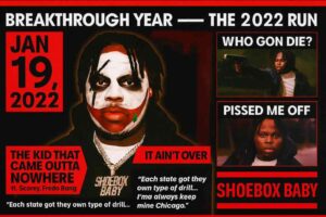 Poster-style graphic of Shoebox Baby highlighting his breakthrough year in 2022, with 4KTroll face-paint motif, bold date stamp JAN 19, 2022, song titles, video stills, and collaboration tags