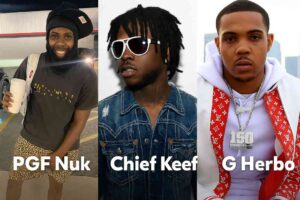 Split image showing PGF Nuk, Chief Keef, and G Herbo side by side, symbolizing the evolution of Chicago drill music