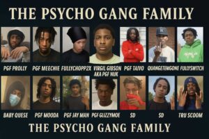 A digital collage titled "The Psycho Gang Family" featuring portraits of PGF members with names labeled under each image