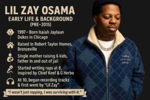 A vertical timeline graphic about Lil Zay Osama’s early life, showing his birth in Chicago in 1997, childhood in Robert Taylor Homes, being raised by a single mother, starting rap at age 8 inspired by Chief Keef and G Herbo, recording tracks at 10 as “Lil Zay,” and featuring a quote ribbon saying “I wasn’t just rapping, I was surviving with it.”