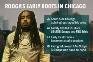 Image of rapper JHE Rooga against a muted Chicago cityscape background with text highlights about his early roots: South Side upbringing, ties to FBG Duck, Lil MOB Scrapp, and FBG Brick, early basement studio sessions, and first grief project I Am Scrapp in 2016.