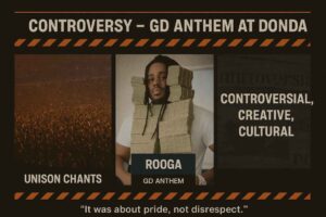 Three-panel collage of rapper JHE Rooga with stacks of cash, Soldier Field crowd, and media headlines, illustrating the controversy of his “GD Anthem” performance at Kanye West’s Donda event. Includes caption “It was about pride, not disrespect.”
