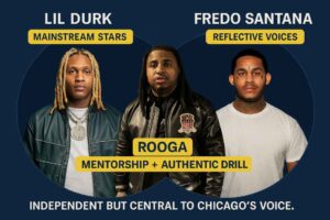 JHE Rooga in the center overlap between mainstream drill stars like Lil Durk and reflective voices like Fredo Santana, highlighting his role as an independent but central Chicago drill voice.