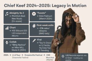 Infographic of Chief Keef in a brown hoodie holding a rope, with milestone cards showing his 2024–2025 achievements including Almighty So 2 Pitchfork Best New Music, “Faneto” Platinum, Billboard chart positions, 23k first-week units, “Dirty Nachos” collab, and viral hit “Say Ya Grace.”