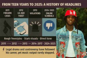 A multi-panel collage showing Chief Keef with a timeline of controversies and legal troubles from 2011 to 2025, including firearm cases, social media scandals, and ongoing legal issues.