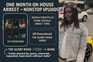 Infographic of Chief Keef’s music beginnings (2011–2012) featuring a phone-screen grid of rough freestyle thumbnails, a mini timeline from “UF Overload” to “Bang,” and notes on how links and reposts fueled his rise without radio.