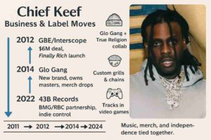 Infographic showing Chief Keef’s business and label moves: 2012 Interscope deal, 2014 Glo Gang independence, and 2022 43B Records launch with side icons for merch, jewelry, and gaming.