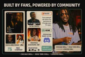 A digital collage of Chief Keef with social media snippets, fan quotes, and a global influence strip highlighting his community impact and legacy.