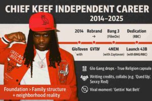 Digital graphic of Chief Keef with a horizontal milestone ribbon showing major career events between 2014 and 2025, including “Bang 3,” “Dedication,” “GloToven,” “4NEM,” “Almighty So 2,” and the launch of his label 43B.