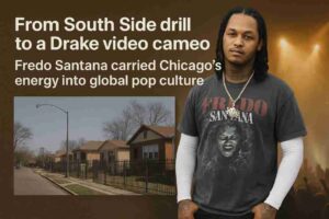 A split-frame digital graphic of Fredo Santana showing his South Side Chicago drill beginnings on one side and his cameo appearance in Drake’s “Hold On We’re Going Home” music video on the other, representing his influence from local drill to global pop culture.