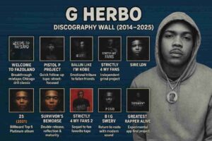 A digital collage showcasing G Herbo’s full discography, arranged on a wall with album and mixtape covers from Welcome to Fazoland (2014) to Greatest Rapper Alive (2025).